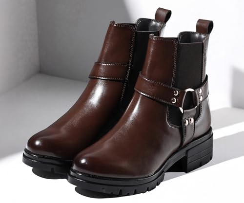 Image of LOUIS STITCH Women's High Ankle Boots| Round Buckle with Straps Slip-On Boots | Casual Slip-On Long Boots for Women | Casual & Formal Outings | LSLD-CLBT-RBTS