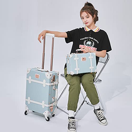 Image of UNIWALKER Vintage Suitcase Set for Women, 2 Piece Handcraft Leather Spinner Trunk Luggage with Cosmetic Train Case, 24 inch+12 inch, Embossed Blue