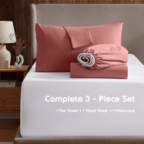 Image of Nestl Twin Bed Sheet Set - Pink Clay - 3-Piece Deep Pocket | Instantly Soft, Night-One Ready (No Wash Required). Fits 16-Inch Deep Pockets, 360-Degree Elastic Grip