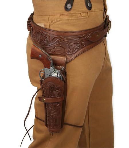 Western Gun Holster Belt - Fits .22 Cal - Old West Cowboy Fast Draw Rig Leather Revolver Holder Revolvers 46.5 Barrel (Brown 30 Inch- 32 Inch)