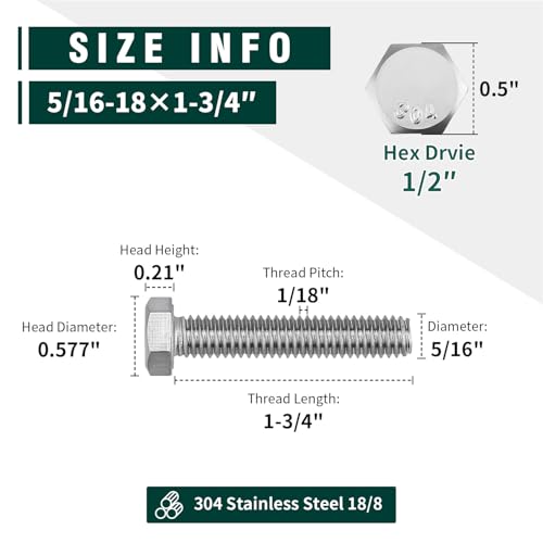 Image of (10 Sets) 5 /16-18 x 1-3 /4 inch Hex Bolt and Nut Kit, 304 Stainless Steel (18-8), Fully Threaded, Flat & Lock Washers Included