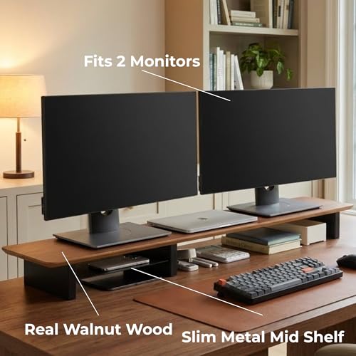 Image of Walnut Monitor Stand for Desk (44 Inch) Large Monitor Stands for 2 Monitors, Desk Shelf for Top of Desk Walnut Monitor Shelf