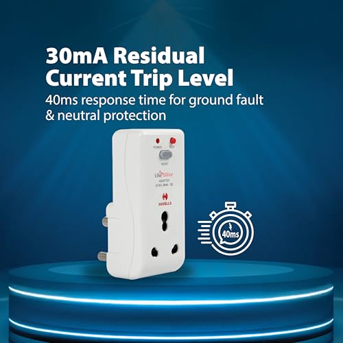 Image of Havells 16 Amp 30mA PRCD Adaptor (White) - Plastic Body, Auto-Trip Safety for Appliances - Smart and Enhanced Protection Against Electrical Shock,Requires 16A MCB /Fuse Backup,Per IEC 61540 Guidelines