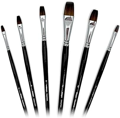 Magic Touches Oil Paint Brush Set (6 Sizes), Natural Sable Flat Tip, Best Absorption Smoothest Flow for Oil Watercolor Acrylic Gouache, Painting Art Supplies for Beginners to Professional Artists