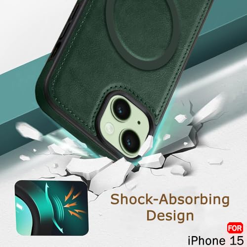 Image of TheGiftKart Genuine Leather Finish Back Cover Case for iPhone 15 | Shockproof Design | Raised Edges for Camera & Screen Protection | Stunning Minimalist Design Case Cover (MagSafe Compatible, Green)