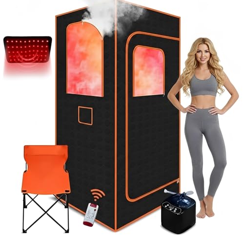 Nygira Portable Infrared Steam Sauna Tent for Home, Single Person Warm Sauna Box with Red Light Function, 3L/1200W Steamer, Remote Control, Folding Chair, Indoor Personal Home Spa, 32' x 32' x 71'