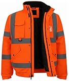 SBZ Hi Vis Waterproof Bomber Jacket Safety Workwear High Viz Visibility Security Concealed Hood Fluorescent Flashing Hooded Padded Waterproof Coat (UK, Alpha, XXL, Regular, Regular, Orange)