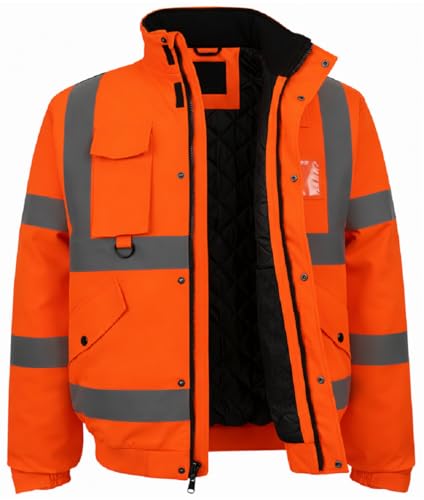 SBZ Hi Vis Waterproof Bomber Jacket Safety Workwear High Viz Visibility Security Concealed Hood Fluorescent Flashing Hooded Padded Waterproof Coat (UK, Alpha, XXL, Regular, Regular, Orange)