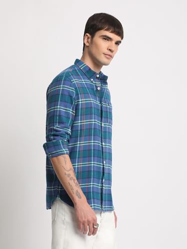 Image of THE BEAR HOUSE Men Cotton Tartan Checked Slim Fit Casual Shirt