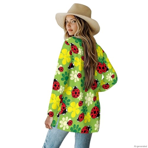 Image of Forchrinse Red Ladybug Cardigan for Women Causal Long Sleeve Open Front Cardigans Sweater Fashion 2024 Fall Coat with Pockets