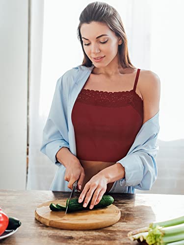4 Camisetas sin Mangas Mujer Top de Tirantes Medio con Ribete Encaje Transpirable (L, Gris, Rojo Vino, Azul Marino, Negro)