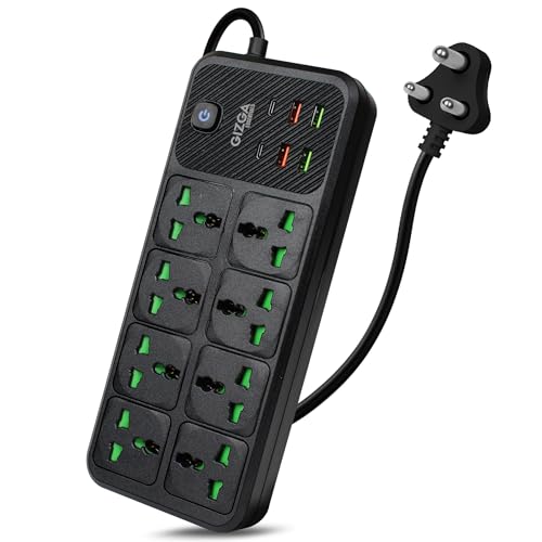 Image of Gizga essentials Power Extension Board with 8 Universal Sockets, 4 USB & 2 Type C Port| Socket with 2M Cord, Surge Protector, Child Safety, Anti-Flaming Body, 10A Output, 250V Multi Plug Adapter