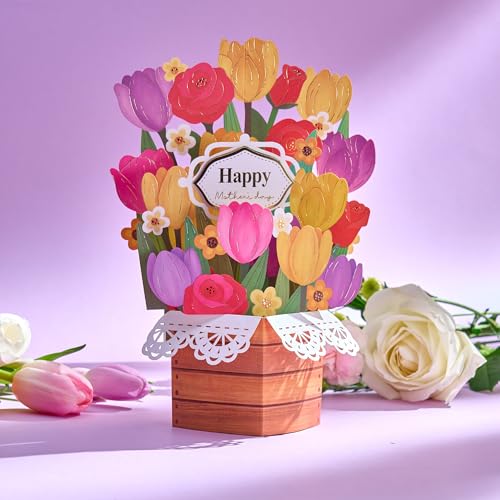 Mother’s Day 3D Pop Up Flower Card, Tulip Bouquet Greeting Card for Mom, Includes Customizable Message Labels (Happy Birthday, Get Well Soon, Thank You) with Adhesive, Gift-Ready Keepsake Card with Envelope