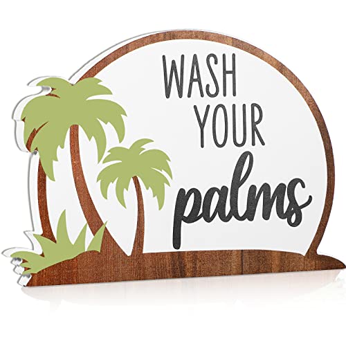 Wash Your Palms Wood Bathroom Sign Rustic Wooden Palm Tree Decor Tropical Beach Bathroom Decor Beachy Coastal Farmhouse Decor for Home Shelf Living Room Bedroom Kitchen Bath Restroom Decorations