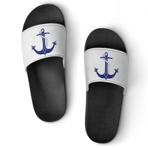 Nautical Navy Blue Anchor on White Slippers for Women Rubber Slides Womens Sandal Slippers