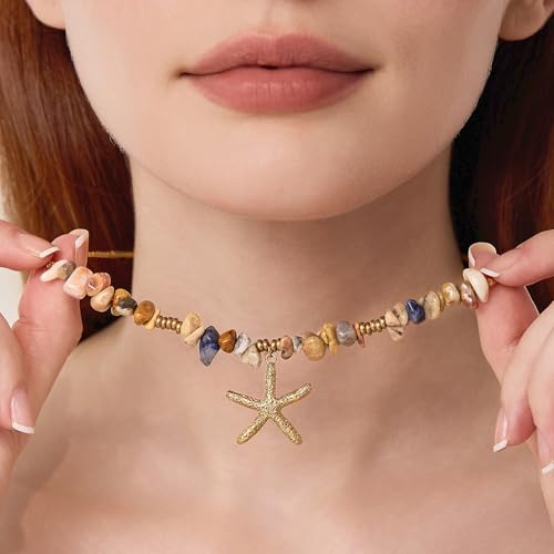 Cicy Bell Womens 18k Gold Plated Starfish Necklace Irregular Natural Perforated Gravel Boho Beach Necklaces Trendy Surfer Vacation Outfits Jewelry Gift4