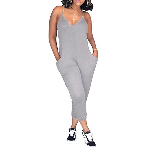 Ael women's solid color ladies spaghetti strap jumpsuit with pock…
