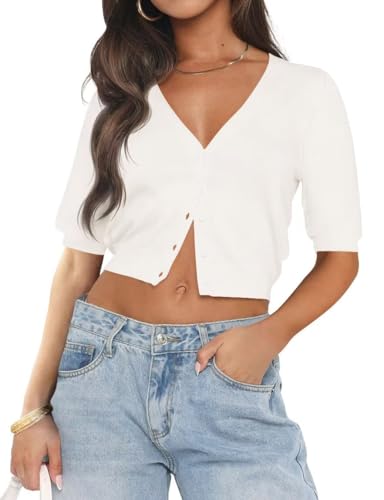 Image of LEEDYA Summer Cardigans for Women Lightweight Short Sleeve Open Front Knit Cropped Sweaters V Neck Button Up Bolero Shrug Top