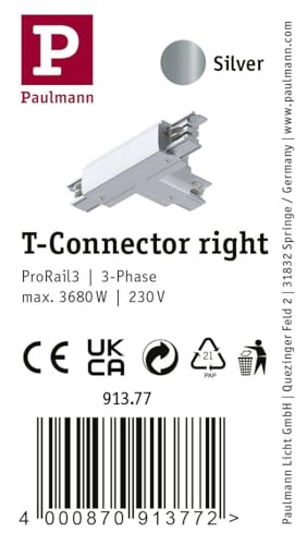 Paulmann ProRail3 91377 Rail System Connector T-Piece Right 167.5 x 101 mm Max. 3,680 W Silver Rail Systems Ceiling Rail Metal/Plastic - Image 4