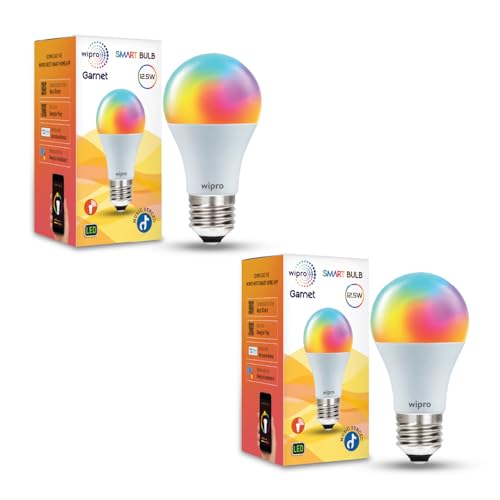 Image of wipro 12.5W E27 Wi-Fi Smart LED Bulb with Music Sync | Voice Control with Alexa, Google Asst | App Control |16 M Colours, White Tunable - Warm, Neutral & Cool White +Dimmable | Scenes | Pack of 2