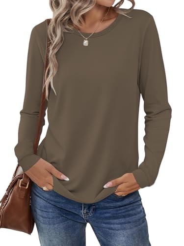 Cuptacc Longsleeve Damen Sport Einfarbig Teenager Lässig Große Größen Lang Oberteile Damen Casual Oversized Basic Elegant Longsleeve Kaffeegrau XL