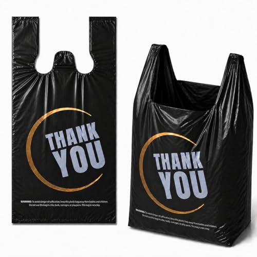 Image of YoYoRain Black Thank you T shirt bag, Grocery shopping bag Reusable and Disposable Supermarket Bag 11''x6''x21'' 300PCS