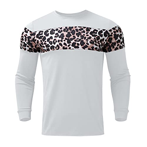Tops for Men Leopard Stitching Printed O Neck Long Sleeve Fashion Slim T-Shirts Autumn Casual Lightweight Blouse Tee (White, XXL)