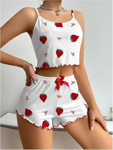 UNIQUEONE Cute Pajamas for Women Strawberry Print PJ Set Crop Cami Tops and Shorts Set 2 Piece Lounge Sets2