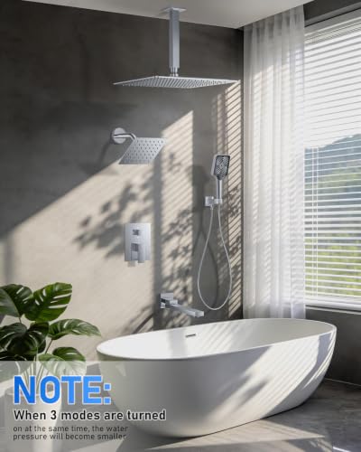 Image of Woindo 4 Function Shower Faucet Set 12 inch Rain Shower Head /6'' Side Shower Head and 3 Setting Handheld Ceiling Mount Push Button Diverter Complete Rainfall Round Shower System Included Valve Trim Kit