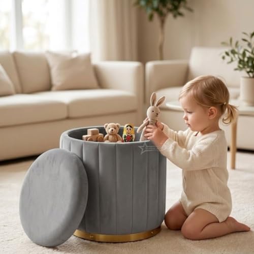 Image of Superior Round Storage Ottoman Stool 13 X 13X 16 inch, with Gold Metal Base | Elegant Pouffe with Secret Storage | Cushioned Footrest for Living Room, Bedroom, and Lounge Grey