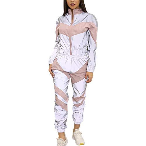 hibote Chándales Mujer Conjunto 2Piezas Pantalones Reflectantes Cremallera Pantalones Cortos de Moda Chaqueta Suelta Abrigo Pantalón Conjunto Chándal Empalme Cover