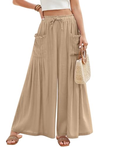 PASUDA Pantalones Mujer Verano Largo Lino Pantalon Anchos Ligeros Frescos Cintura Alta Elástico Casuales Fluido Pantalón con Falda Comodo Pants de Playa con Bolsillos Cordón (Caqui, S)