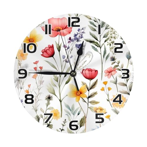 Horloge Murale Ronde,Feuilles de Fleurs Sauvages colorées,Silencieuse sans Tic-Tac Horloge à Quartz Grands Chiffres Pendules Murales pour Salon Café 25cm