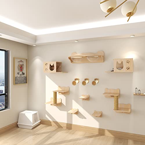 Image of 2 PCS Wall Mounted Cat Furniture Cat Wall Steps with Sisal Floating Scratching Post Shelves for Cat Perch Ladder Furniture