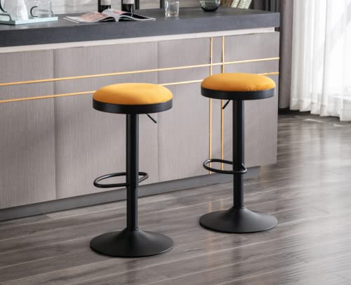 Ealson Modern Swivel Bar Stools Set Of 2 Adjustable Counter Height Backless Barstools With Metal Base Fabric Upholstered Round Bar Stool Chairs For Kitchen Island/Pub/Breakfast Bar, Yellow #TOP17