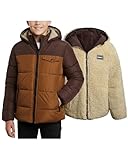 DKNY Boys Puffer Jacket - Reversible Zip Up Kids Winter Coat Sherpa Jacket with Hood - Outerwear Jackets for Boys, Size 8, Dark Brown