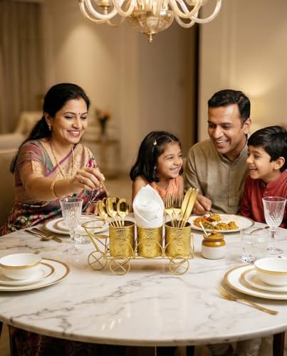 Image of Metal 3-Compartment Cutlery & Tissue Holder | Galvanized Gold Finish Spoon Fork Stand for Dining Table & Kitchen | Multi-Purpose, cutlery set for dining table , Forks, Knives & Napkins,cutlery holder