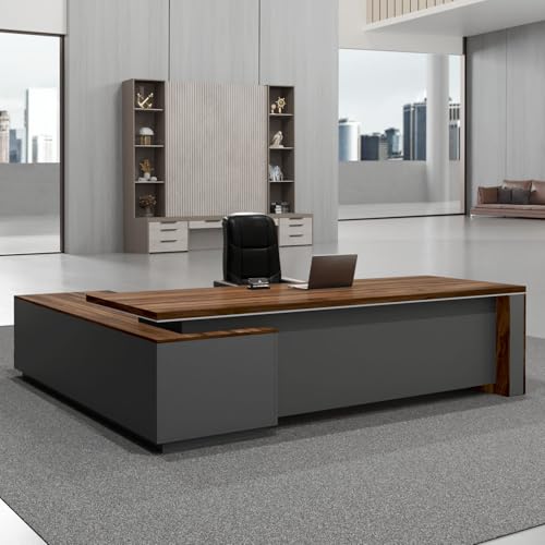 OfficeSimpli Modern L Shaped Executive Desk, 84x72x30 Inch - Made in USA – Ships Mostly Assembled – Home Office Workstation & Business Furniture, Large CEO Desk Table with Cabinets & Lockable Drawers