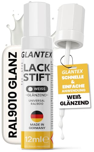 GLANTEX Lackstift Weiß glänzend [12ml] - Autolack mit hoher Deckkraft gegen Kratzer und Steinschläge, für Auto, Felgen, Möbel, Heizkörper - RAL 9010 (Weiß Glanz)