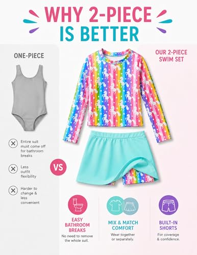 Image of Liberty Pro Girls Two Piece Swimsuits Long Sleeve Rash Guard Set, UPF 50+ Bathing Suit with Swim Shorts for Toddler and Teens