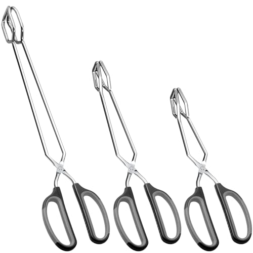 HINMAY Stainless Steel Scissor Tongs Cooking Tongs Set, Set of 3 (Black Handle, 10