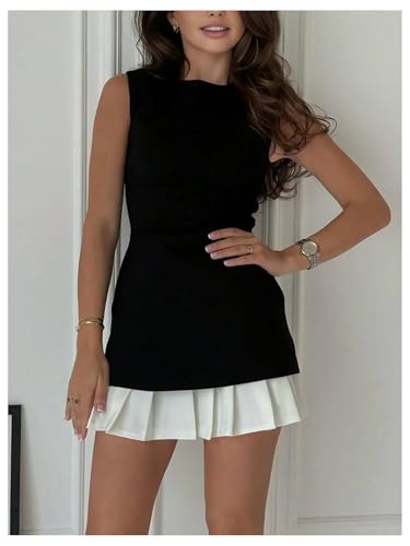 GORGLITTER Women's Color Block Pleated Mini Dress Ruffle Sleeveless Crewneck Business Work Bodycon Bubble Dress3
