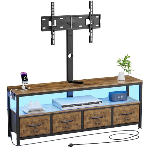 Image of JUSTOGO TV Stand with Mount & Power Outlet for 32-70 Inch TVs, Rustic Brown | TV Console with Drawers & Led Lights, AC Outlets & USB Ports, For Living Room, Bedroom, Height Adjustable, Swivel TV Cabinet