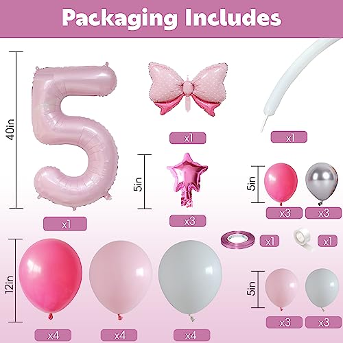 Image of 40 Inch Pink Number 5 Balloon Tower 5th Birthday Decorations for Girls | Large Pastel Baby Hot Pink White Number Five Foil Balloons Stack Set 5 Years Old Princess Fifth Birthday Party Decorations