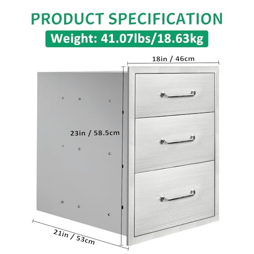 Image of Outdoor Kitchen Drawers 18 inch W x 23 inch H x 21 inch D Stainless Steel Triple Drawers with Ergonomic Handle for BBQ Island, Patio Grill Station & Outdoor Kitchen Cabinets