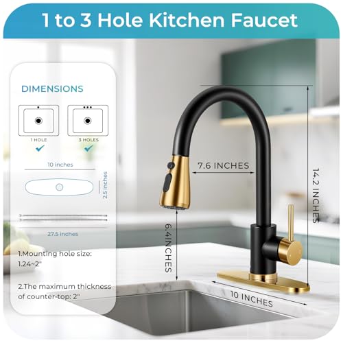 Image of Black & Gold Kitchen Faucet with Pull Down Sprayer and Deck Plate | SUS 304 Stainless Steel, Single Handle, 3 Spray Modes, 360 Swivel Spout, RV Laundry Bar Sink, Deck Plate, NSF372 NSF61 cUPC