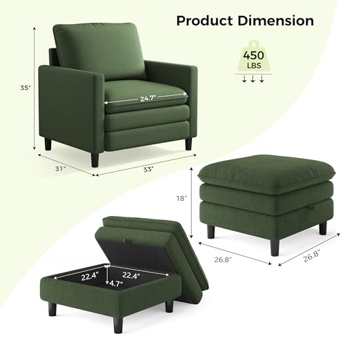 Image of Welzona 3-Layers Cloud Accent Chair with Ottoman, 33 inch Teddy Reading Chair | Comfy Teddy Fabric, Washable Covers, Tool-Free Setup, All-wood Arm Chair and Ottoman Sets for Living Room, Bedroom, Green