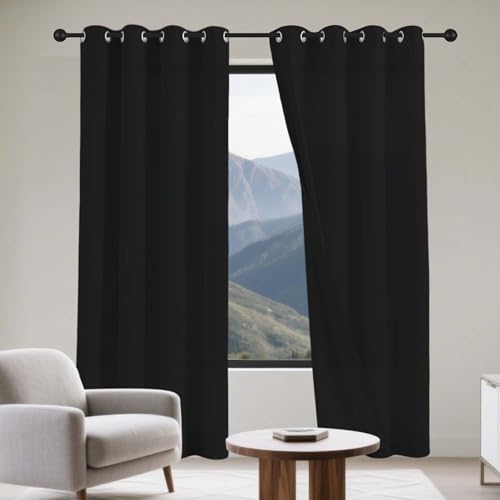 カーテン 遮光カーテン 遮音 440 x 105 cm ハトメ型突っ張り棒防音無地おしゃれ洗える部屋寝室幼児園喫茶店, ブラック