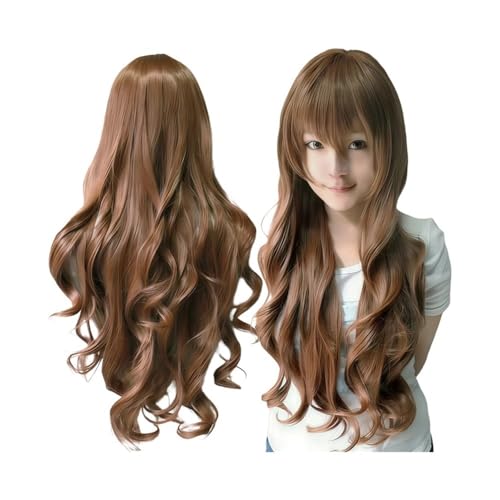 80 cm długości, kręcone, falowane peruki z grzywką, dla kobiet, do cosplay, kostiumu, peruki, syntetyczne, odporne na wysokie temperatury, dodają objętości włosów (brązowe)