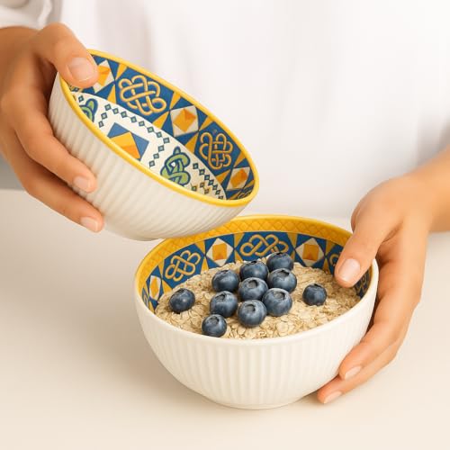 Image of 6-Piece Boho Porcelain Dinnerware Set - Premium Ceramic Plates & Bowls Set - Hand-Painted Mandala & Mosaic Design, Microwave & Dishwasher Safe - (Blue & Yellow)